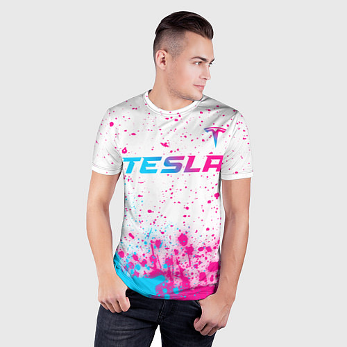 Мужская спорт-футболка Tesla neon gradient style: символ сверху / 3D-принт – фото 3