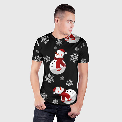 Мужская спорт-футболка Снеговички в зимних шапочках со снежинками / 3D-принт – фото 3