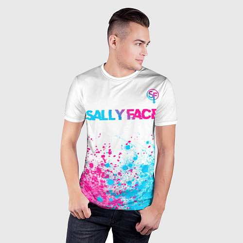 Мужская спорт-футболка Sally Face neon gradient style: символ сверху / 3D-принт – фото 3