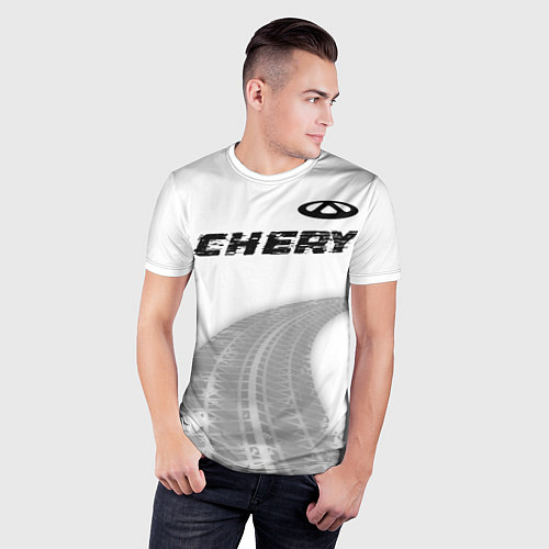 Мужская спорт-футболка Chery speed на светлом фоне со следами шин посеред / 3D-принт – фото 3