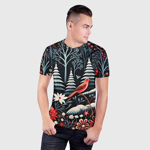 Мужская спорт-футболка Новогодний лес и птицы / 3D-принт – фото 3
