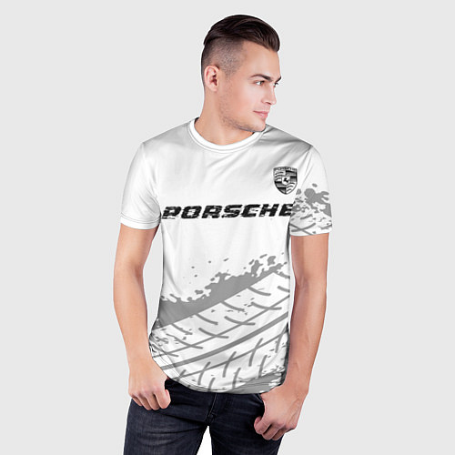 Мужская спорт-футболка Porsche speed на светлом фоне со следами шин посер / 3D-принт – фото 3