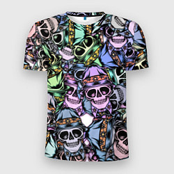 Футболка спортивная мужская Разноцветные черепа в кепке паттерн, цвет: 3D-принт