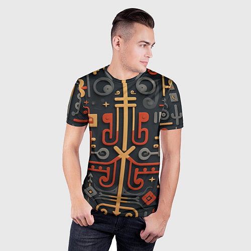 Мужская спорт-футболка Абстрактный паттерн в славянском стиле на тёмном ф / 3D-принт – фото 3