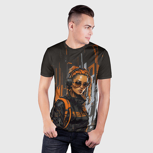 Мужская спорт-футболка Девушка и оранжевые линии / 3D-принт – фото 3