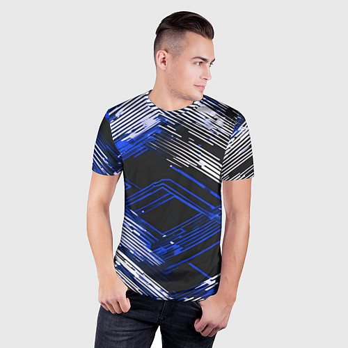 Мужская спорт-футболка Киберпанк линии белые и синие / 3D-принт – фото 3