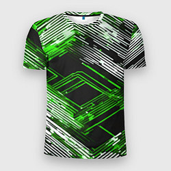 Футболка спортивная мужская Киберпанк линии белые и зелёные, цвет: 3D-принт