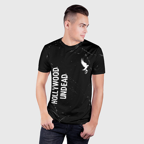 Мужская спорт-футболка Hollywood Undead glitch на темном фоне вертикально / 3D-принт – фото 3