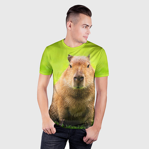 Мужская спорт-футболка Capybara on green grass / 3D-принт – фото 3