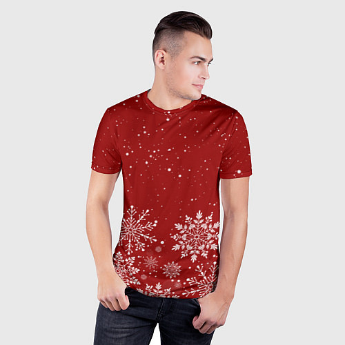 Мужская спорт-футболка Текстура снежинок на красном фоне / 3D-принт – фото 3