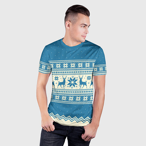 Мужская спорт-футболка Sweater with deer on a blue background / 3D-принт – фото 3