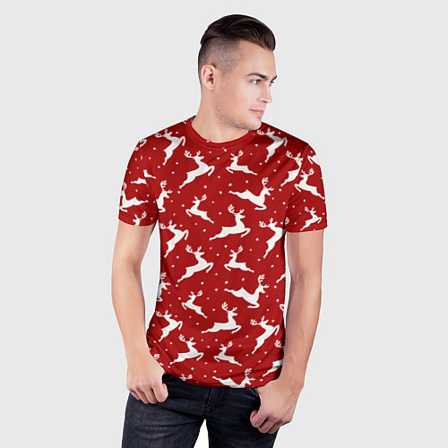 Мужская спорт-футболка Красный паттерн с новогодними оленями / 3D-принт – фото 3