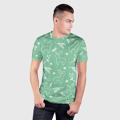 Мужская спорт-футболка Зеленый рождественский узор с оленями / 3D-принт – фото 3