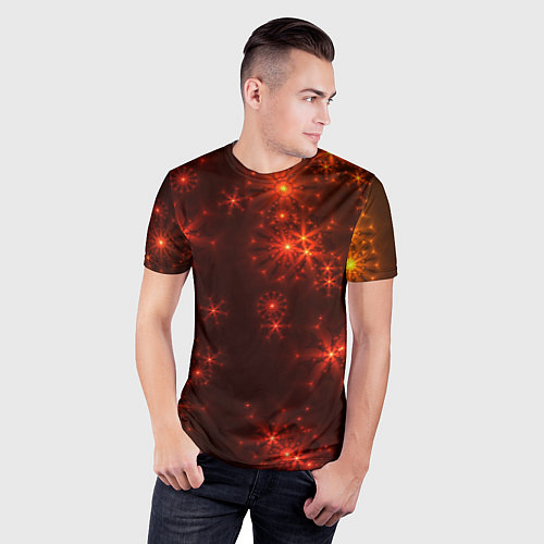 Мужская спорт-футболка Абстрактные светящиеся красно оранжевые снежинки / 3D-принт – фото 3