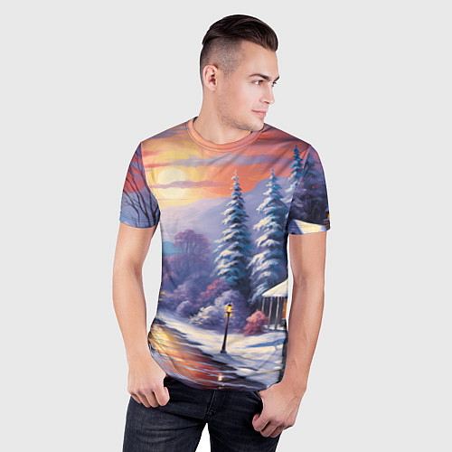 Мужская спорт-футболка Заснеженный новогодний лес чудес / 3D-принт – фото 3