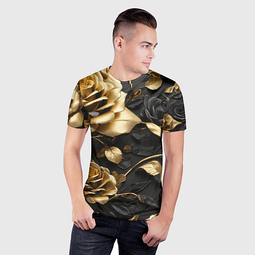 Мужская спорт-футболка Металлические розы золотые и черные / 3D-принт – фото 3