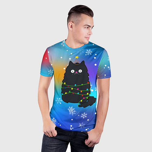 Мужская спорт-футболка Новогодний котик и снежинки / 3D-принт – фото 3