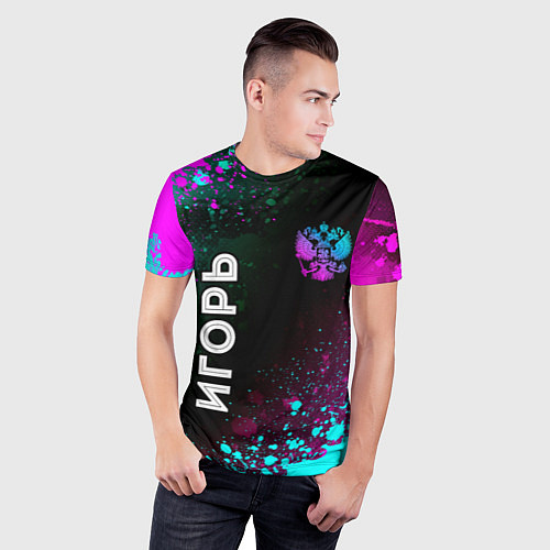 Мужская спорт-футболка Игорь и неоновый герб России вертикально / 3D-принт – фото 3