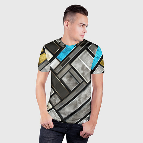 Мужская спорт-футболка Серые квадраты с голубой вставкой / 3D-принт – фото 3
