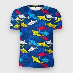 Мужская спорт-футболка Разноцветные акулы на глубине
