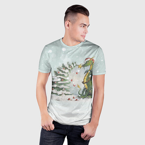 Мужская спорт-футболка Дракон у наряженной ёлки и заяц беляк / 3D-принт – фото 3