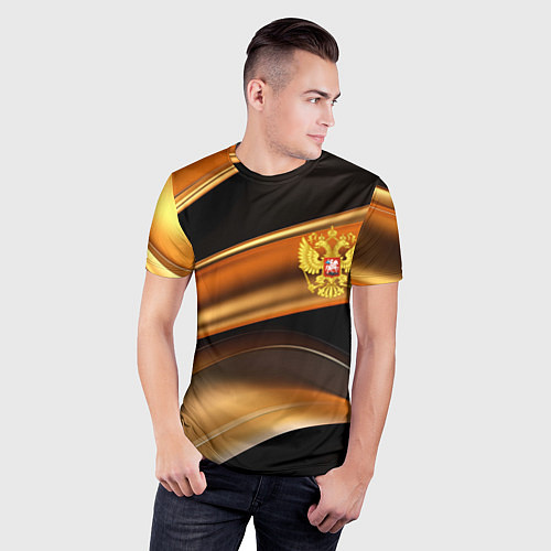 Мужская спорт-футболка Герб России на черном золотом фоне / 3D-принт – фото 3
