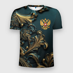 Мужская спорт-футболка Герб России и бирюзовый фон
