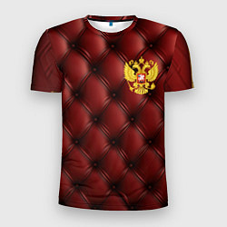 Мужская спорт-футболка Золотой герб России на красном кожаном фоне