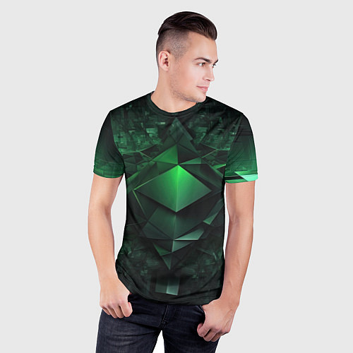 Мужская спорт-футболка Зеленая и черная абстракция геометрическая / 3D-принт – фото 3