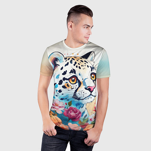 Мужская спорт-футболка Мультяшный леопард в цветах / 3D-принт – фото 3
