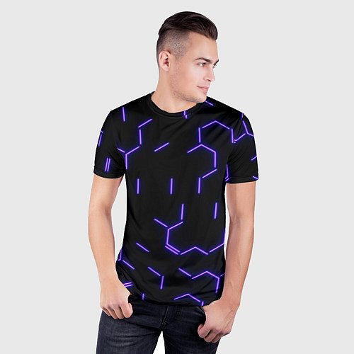 Мужская спорт-футболка Фиолетовые неоновые неполные гексагоны / 3D-принт – фото 3