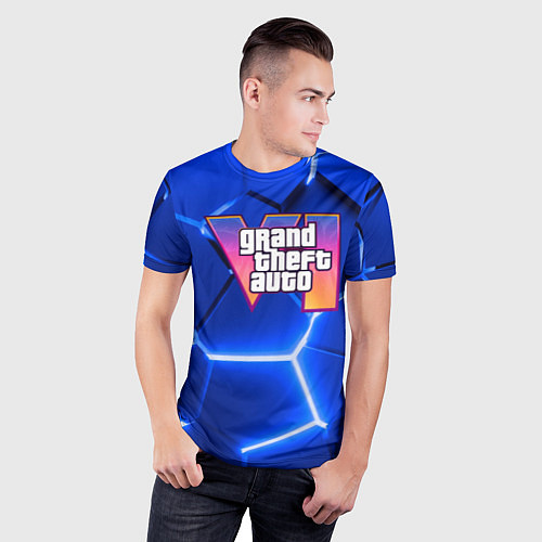 Мужская спорт-футболка GTA 6 лого на фоне разлома синих плит / 3D-принт – фото 3