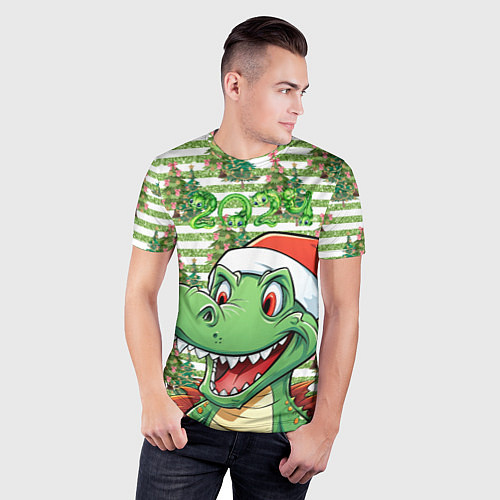 Мужская спорт-футболка Зеленый радостный дракон новогодний / 3D-принт – фото 3