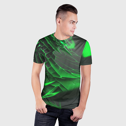 Мужская спорт-футболка Зелёная сеть на чёрном фоне / 3D-принт – фото 3