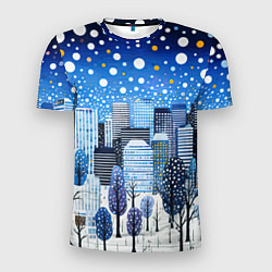 Футболка спортивная мужская Новогодний синий ночной город, цвет: 3D-принт