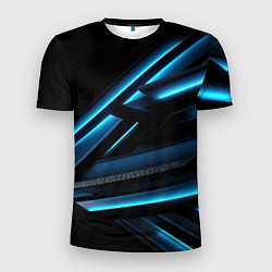 Мужская спорт-футболка Черная абстракция с синим неоновым ярким свечением