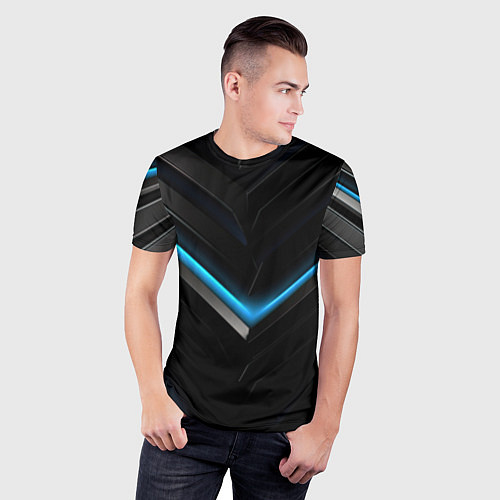 Мужская спорт-футболка Черная абстракция с синим неоновым ярким свечением / 3D-принт – фото 3