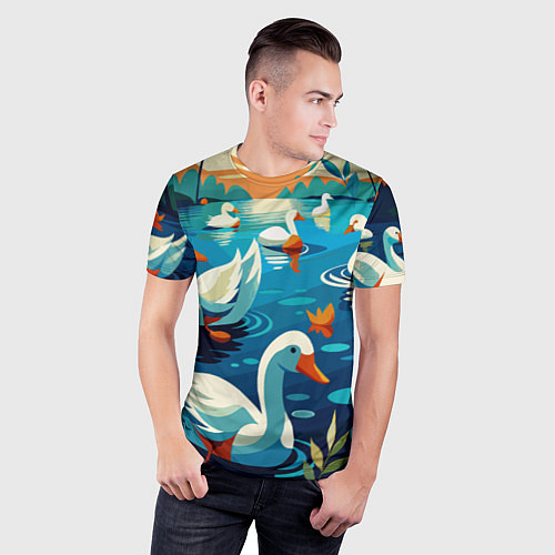 Мужская спорт-футболка Гуси лебеди вода / 3D-принт – фото 3