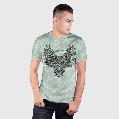 Мужская спорт-футболка Полёт совы серо-зелёный / 3D-принт – фото 3