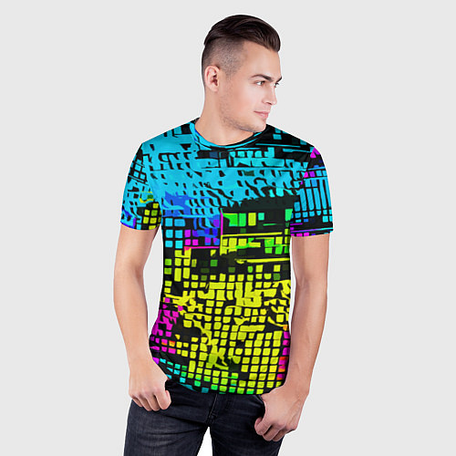 Мужская спорт-футболка Разноцветный глитч на чёрном фоне / 3D-принт – фото 3