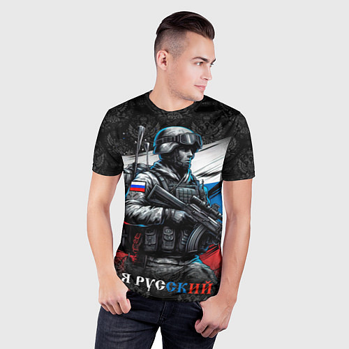 Мужская спорт-футболка Русский солдат на фоне флага / 3D-принт – фото 3