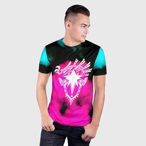 Мужская спорт-футболка Монстр хантер неоновые фон / 3D-принт – фото 3