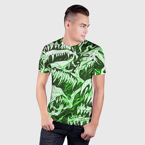 Мужская спорт-футболка Белые клыки на зелёном фоне / 3D-принт – фото 3