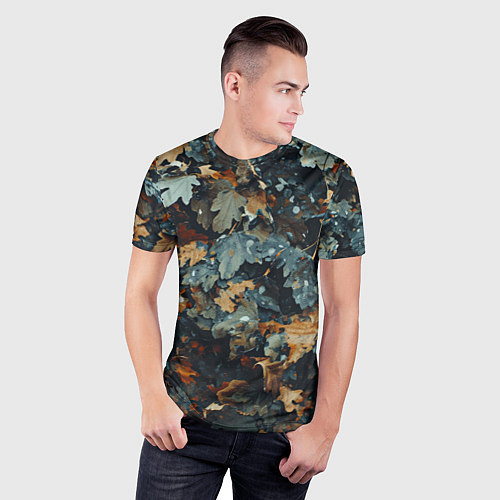 Мужская спорт-футболка Реалистичный камуфляж из сухих листьев / 3D-принт – фото 3
