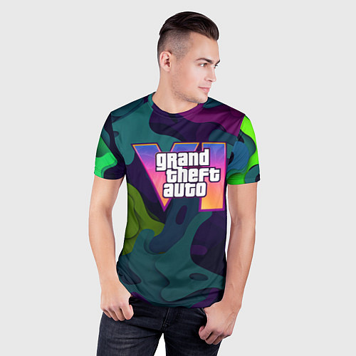 Мужская спорт-футболка GTA 6 logo яркий неоновый камуфляжный стиль / 3D-принт – фото 3