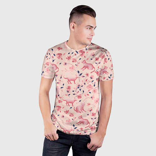 Мужская спорт-футболка Розовый паттерн с цветами и котиками / 3D-принт – фото 3