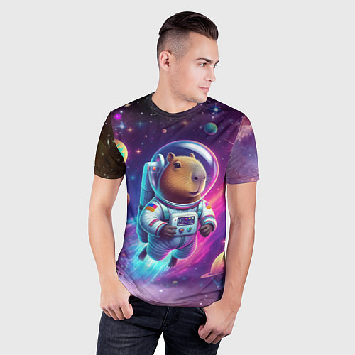 Мужская спорт-футболка Космонавт капибара в неоновом космосе / 3D-принт – фото 3