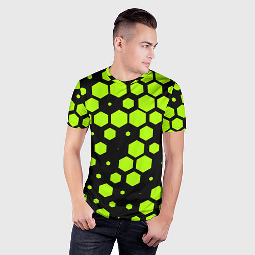 Мужская спорт-футболка Зеленые соты киберпанк / 3D-принт – фото 3
