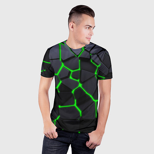 Мужская спорт-футболка Зеленые плиты киберпанк / 3D-принт – фото 3