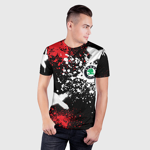 Мужская спорт-футболка Шкода на фоне граффити и брызг красок / 3D-принт – фото 3